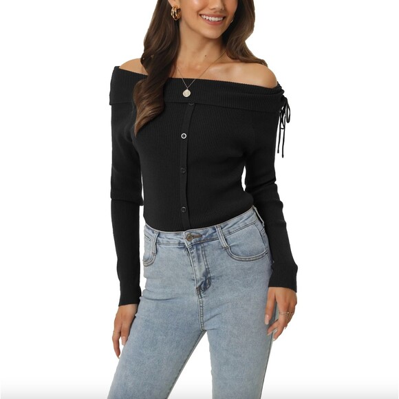 New Seta T Women's Off Shoulder Ribbed Knit Casual Long Sleeve Solid Sweater, S - Picture 4 of 4